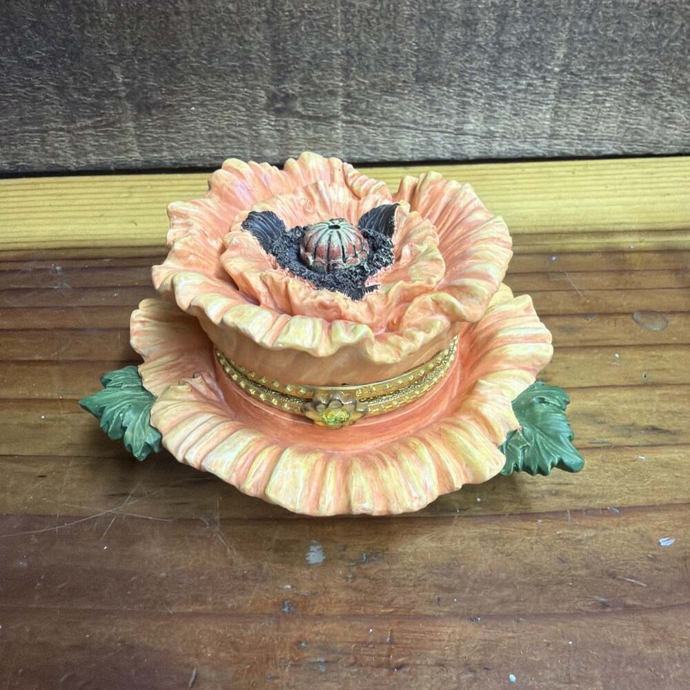Orange Poppy Flower, Hand Painted Resin Hinged Trinket Box -no Music